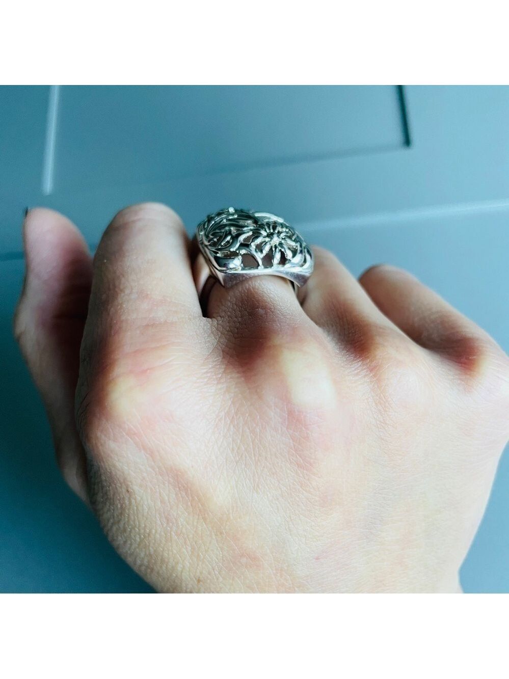 OpenWork Floral Filigree Square Sterling Silver Ring - Picture 6 of 10